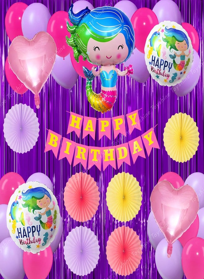 توي شاين مجموعة توي شاين من 66 بالون فويل لتزيين حفلات عيد ميلاد حورية البحر، ومراوح ورقية، مثالية لأعياد ميلاد الأطفال، وحفلات الأطفال، وحفلات ذات طابع خاص. - Image 1